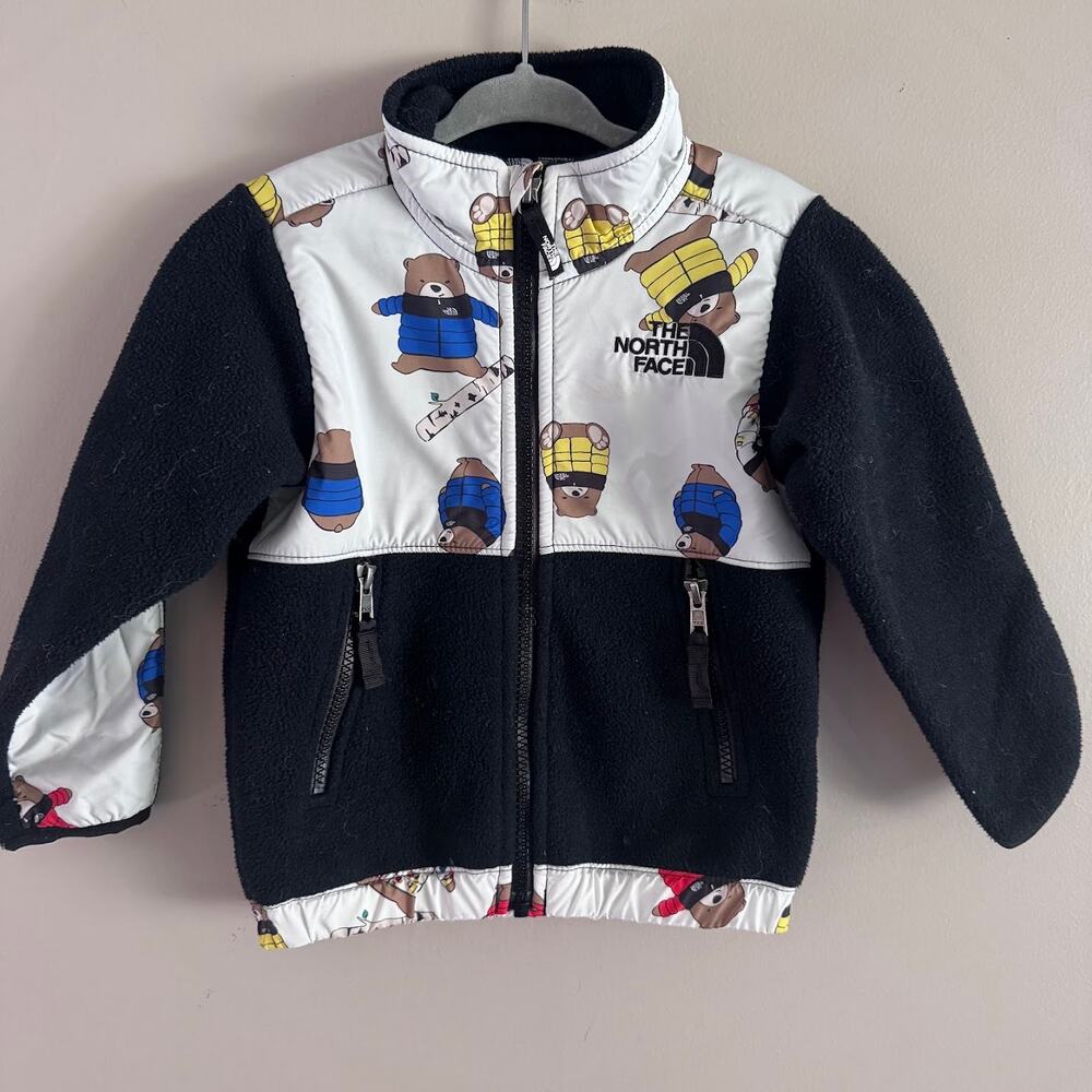 The North Face Denali Fleece Jacket Nuptse Bear Print Black and White Toddler 2T